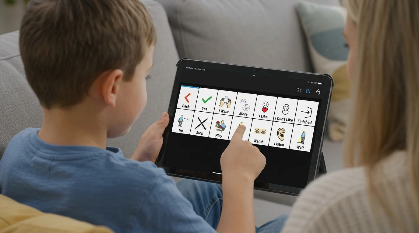 AAC example showing a communication board in a home setting