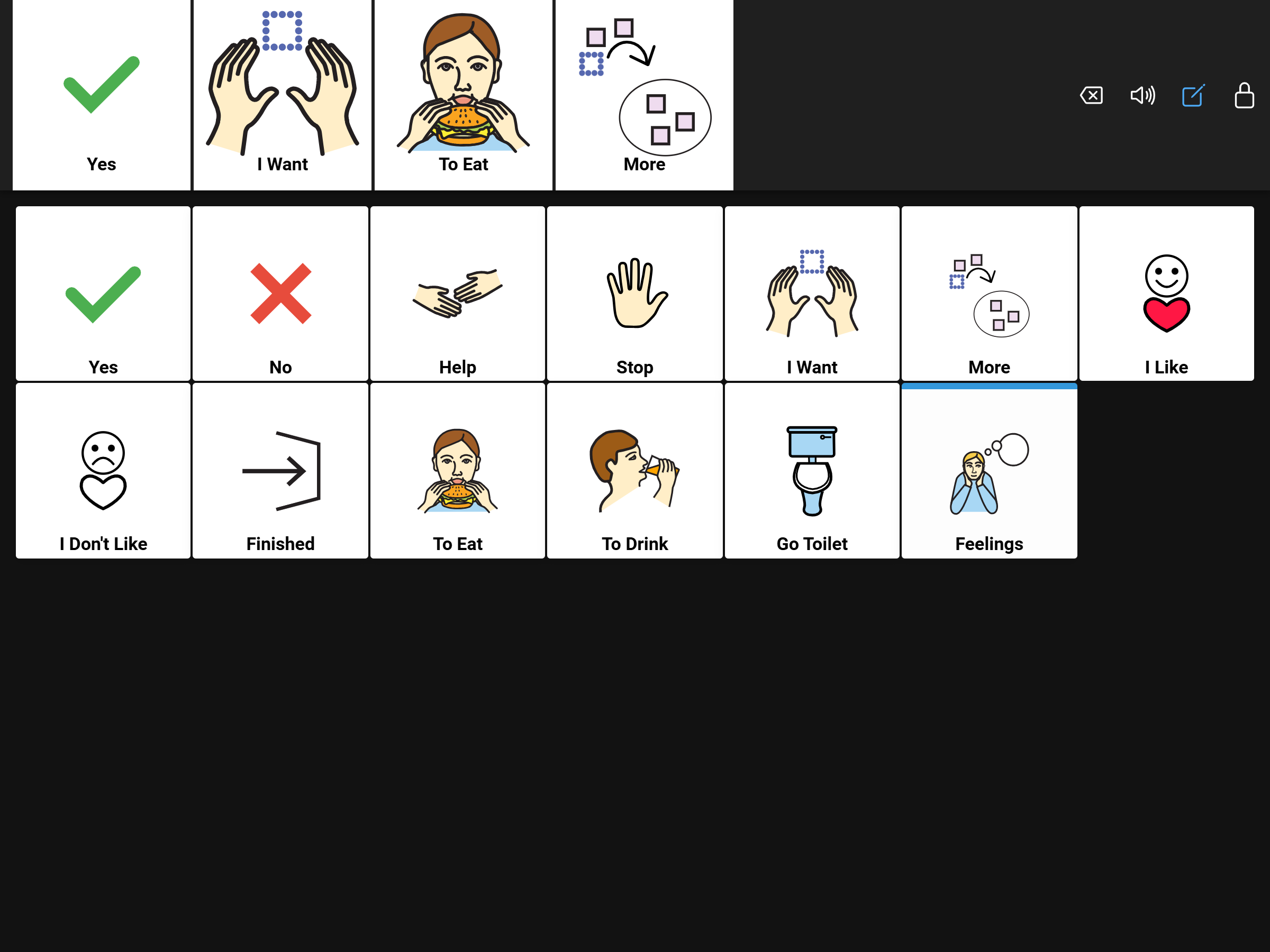 Landscape screenshot of the AAC board showing communication tiles and message bar