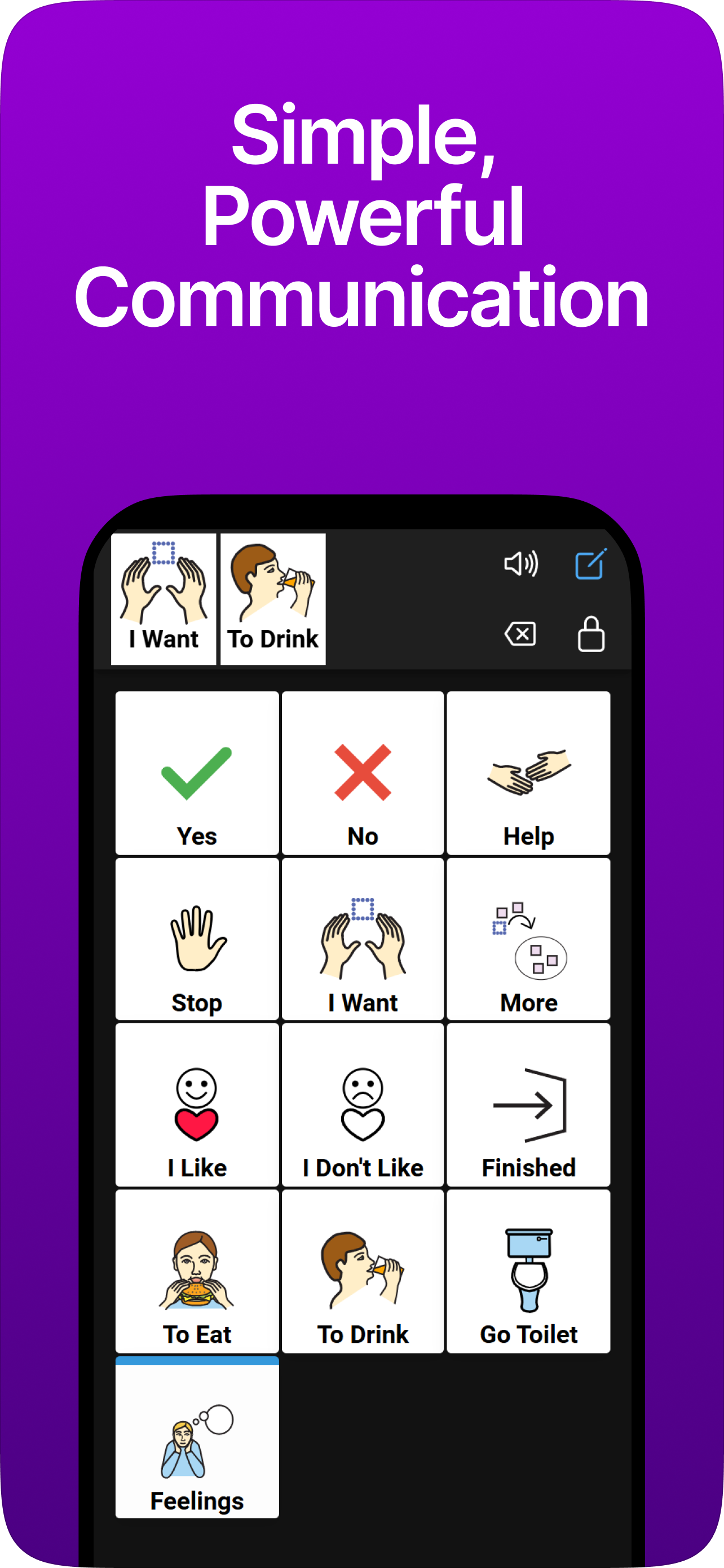 Promo screenshot showing simple, powerful communication with a live AAC board preview