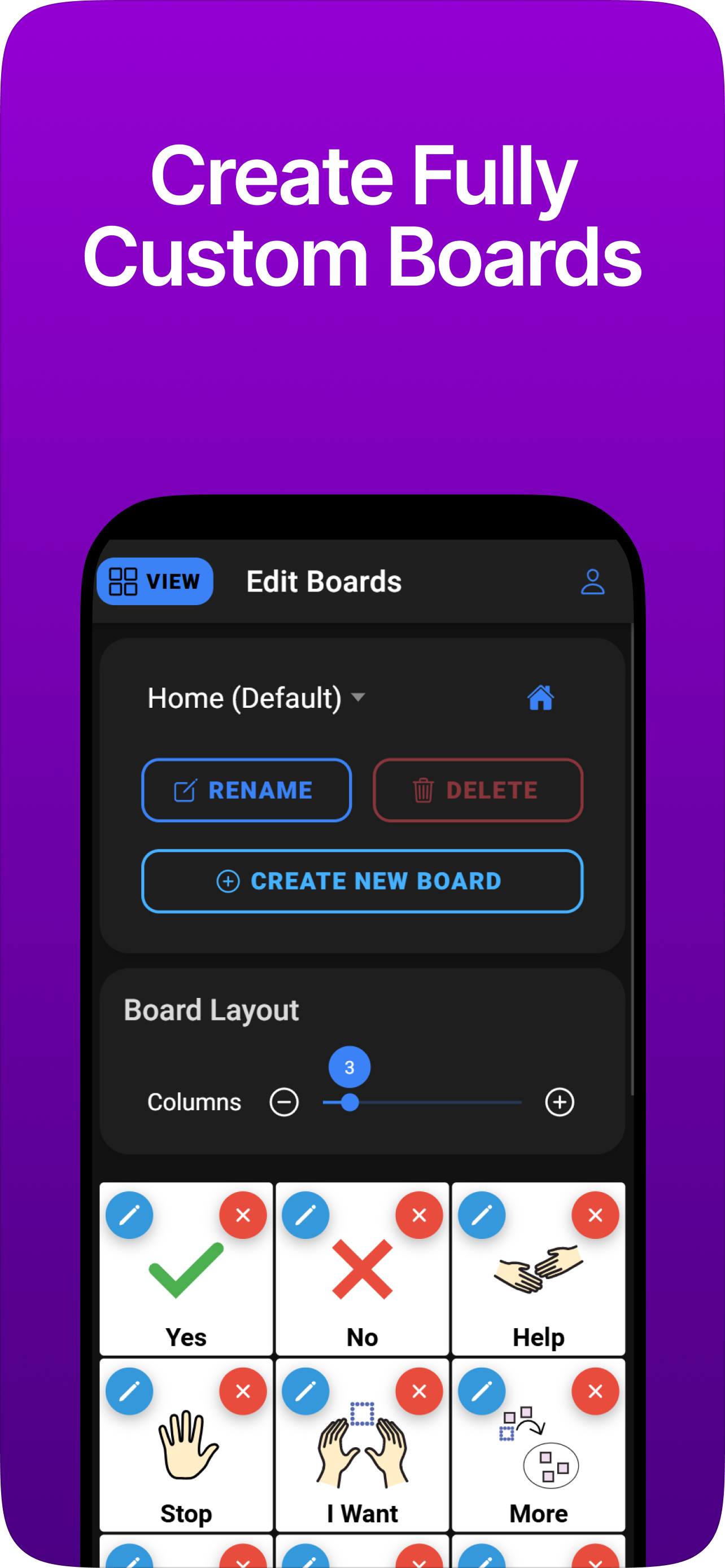Promo screenshot showing custom board creation and editing tools