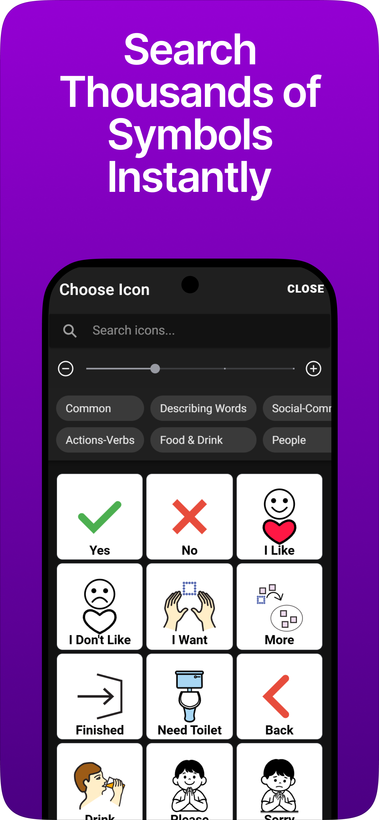 Promo screenshot showing symbol search across thousands of icons