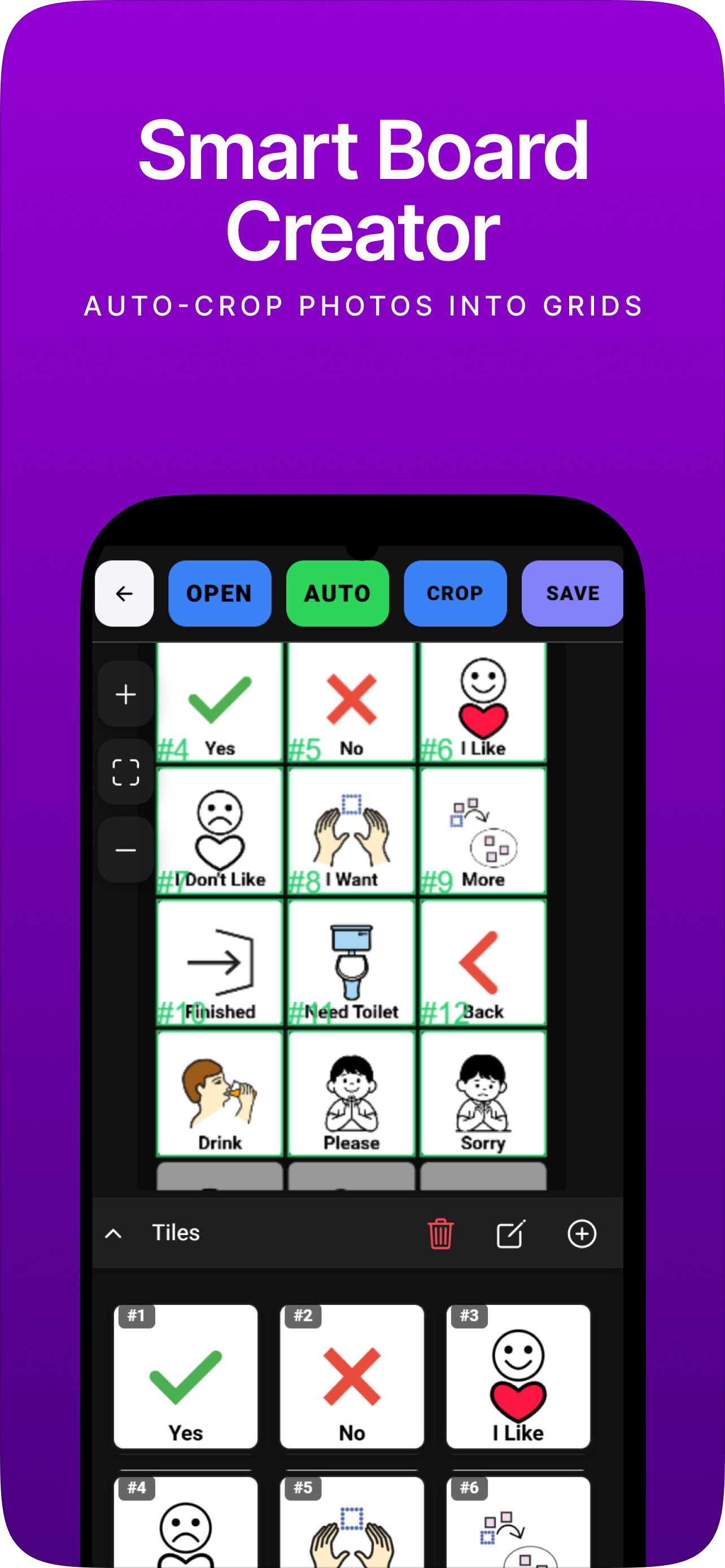 Promo screenshot showing smart board creator auto-cropping photos into grids